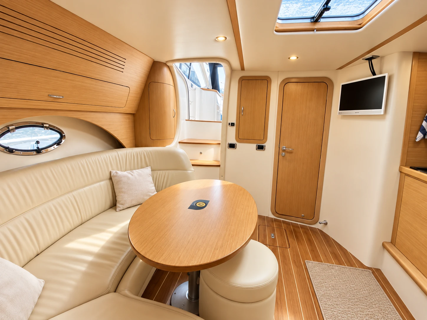 Bright yacht saloon with cream leather seating, an oval teak table and porthole windows